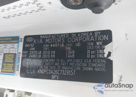 2012 Kia Sportage Ex z USA, uszkodzony, nr VIN KNDPC3A26C7329157